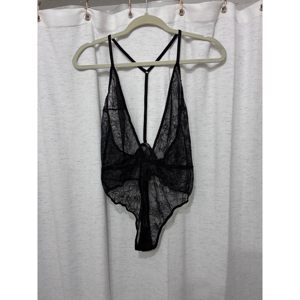 Victorias Secret Black Floral Lace T-Back Bodysuit Lingerie Large